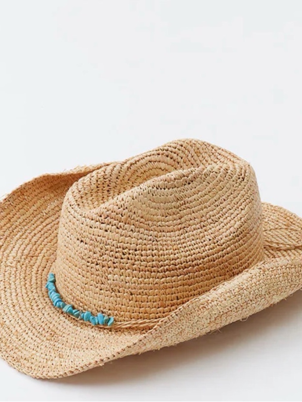 Melissa Odabash Elle Raffia Cowboy Hat Turquoise Beaded Band Wide Brim Sun Hat